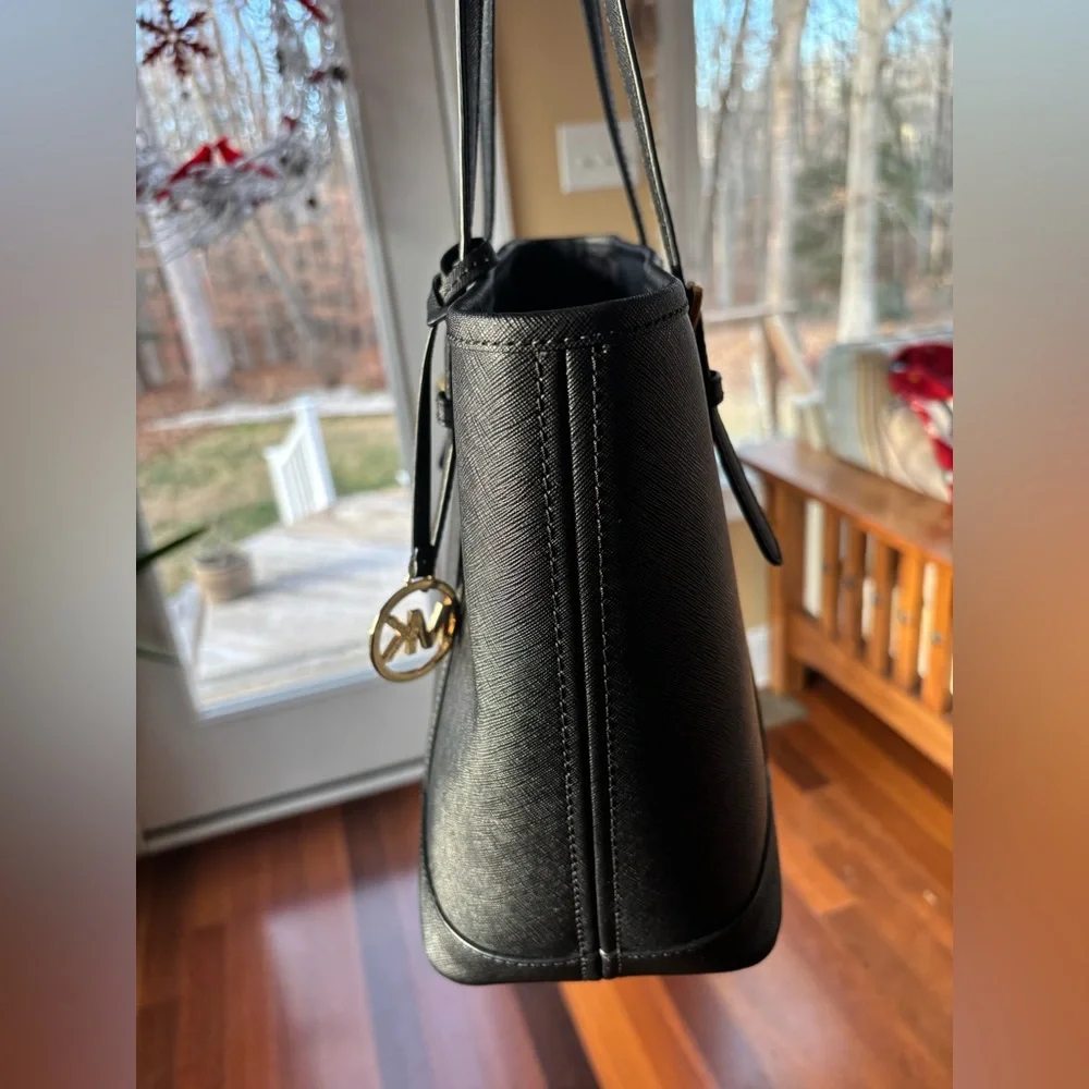 Michael Kors Black Leather Top-Zip Tote Bag - Picture 3 of 16